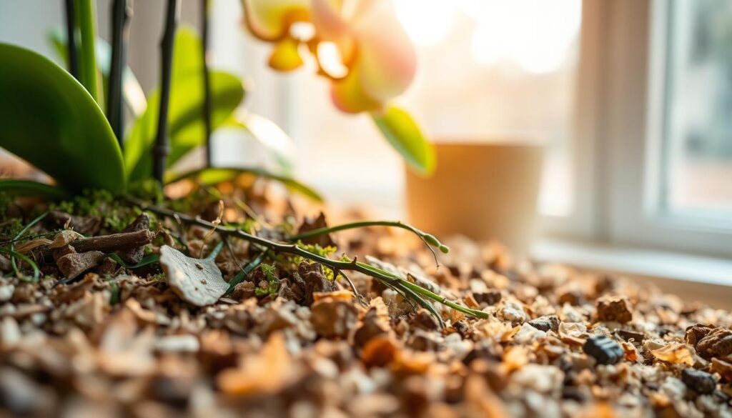 A close-up view of ideal orchid substrate, showcasing a rich mix of bark pieces, sphagnum moss, and perlite in a natural aesthetic. The foreground features detailed textures of each substrate component, highlighting their organic characteristics. In the middle, a vibrant green orchid plant is partially visible, demonstrating how it thrives in this substrate, with roots visibly intertwined with the materials. The background includes a soft-focus of a sunny windowsill, gently illuminated by warm, natural light, creating an inviting atmosphere. The scene is framed from a slightly elevated angle to enhance the depth and texture of the substrate, conveying a sense of care and attention to detail in orchid cultivation.