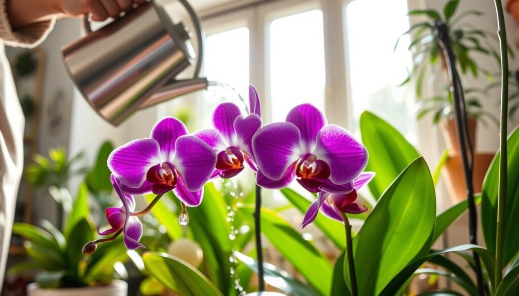 A serene and well-lit indoor setting featuring a close-up of a person gently watering a vibrant orchid plant. The foreground shows the orchid in full bloom with bold purple and white petals, glistening droplets of water on its leaves. The person, dressed in modest casual attire, holds a watering can, carefully directing water onto the orchid’s roots. In the middle background, a sunny window casts soft, natural light, highlighting the lush green leaves and encouraging a sense of tranquility. Surrounding the orchid are other houseplants, creating a warm, inviting atmosphere of a home garden. The overall mood is peaceful, showcasing the beauty of nurturing plants.