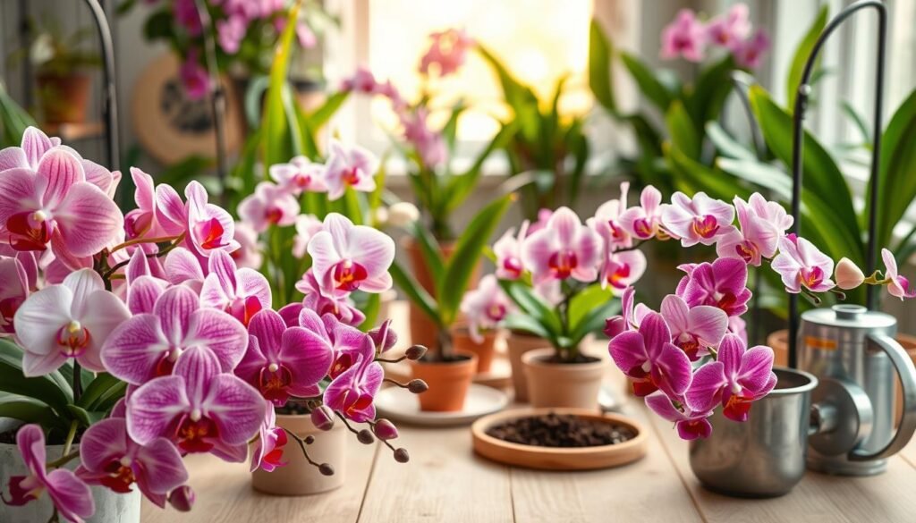 A vivid and detailed close-up of a variety of orchids suitable for beginners in plant care. In the foreground, showcase a mix of blooming orchids in vibrant colors such as pink, purple, and white, with intricate details of their delicate petals and unique patterns. In the middle ground, include a lightly textured wooden table adorned with gardening tools like small pots, soil, and a watering can, suggesting preparation for plant care. The background features a softly blurred indoor garden setting with gentle natural light streaming through a window, enhancing the freshness and vibrancy of the scene. The atmosphere is tranquil and inviting, perfect for encouraging new plant enthusiasts to appreciate the beauty of orchids. No text or watermarks are present.