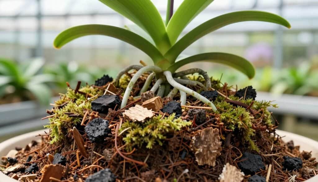 Raízes de orquídea em substrato com casca de pinus e esfagno