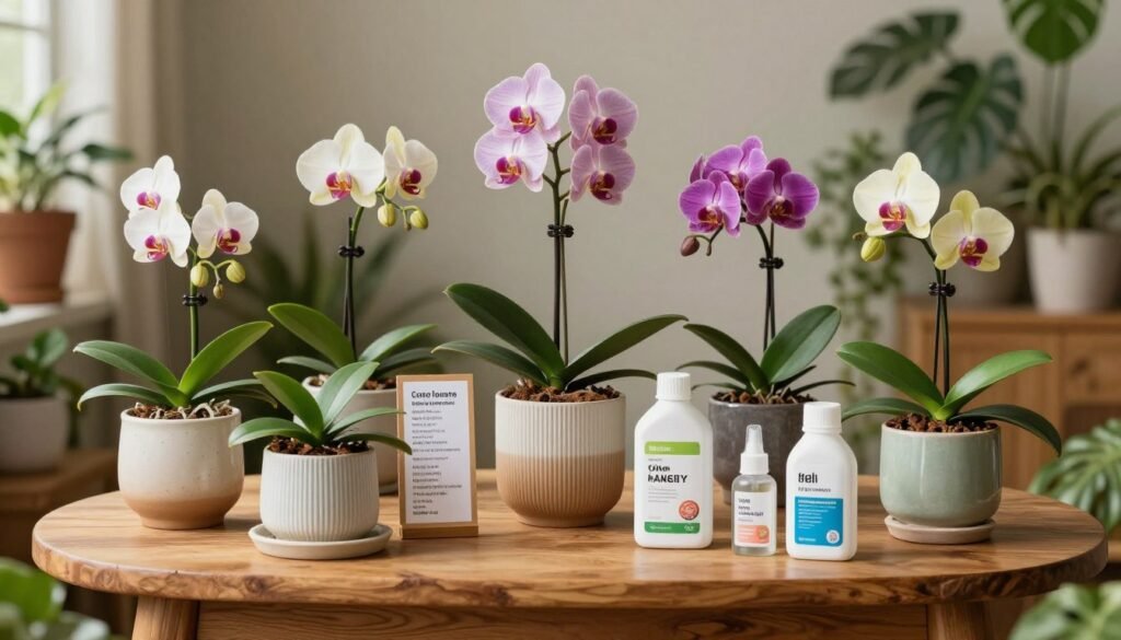 A beautifully arranged display of various orchid cultivation kits, prominently featuring five recommended kits, each showcasing unique elements like pots, soil, and nutrient solutions. In the foreground, an elegant wooden table holds the kits, with vibrant orchids exhibiting a range of colors and sizes in stylish ceramic pots. In the middle, labels showing detailed kit contents are artistically presented next to lush green leaves, enhancing the visual appeal. The background should feature a cozy indoor garden setting with soft, diffused natural lighting, creating a warm and inviting atmosphere. A close-up angle captures the details of the orchids and supplies, inviting the viewer into the thriving world of home orchid cultivation, emphasizing the beauty and ease of growing orchids.