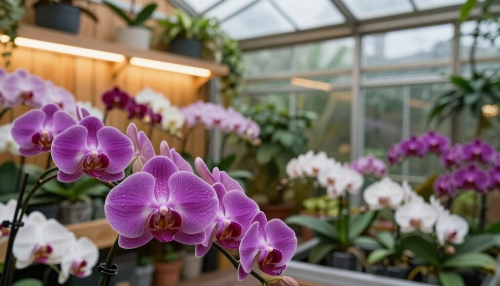 A beautifully designed indoor orchid greenhouse, showcasing various types of orchids in vibrant colors. The foreground features a close-up of healthy, lush orchids in rich purples, pinks, and whites, with dew drops glistening on their petals. In the middle, sleek glass shelving displays the orchids, with gentle lighting illuminating the plants, creating a warm, inviting atmosphere. The background presents a softly blurred view of the greenhouse itself, featuring wooden panels and lush green foliage. Natural light streams in from large windows, casting delicate shadows, enhancing the serene and vibrant mood of the scene. Capture this image with a shallow depth of field to focus on the orchids, ensuring clarity and vibrancy.