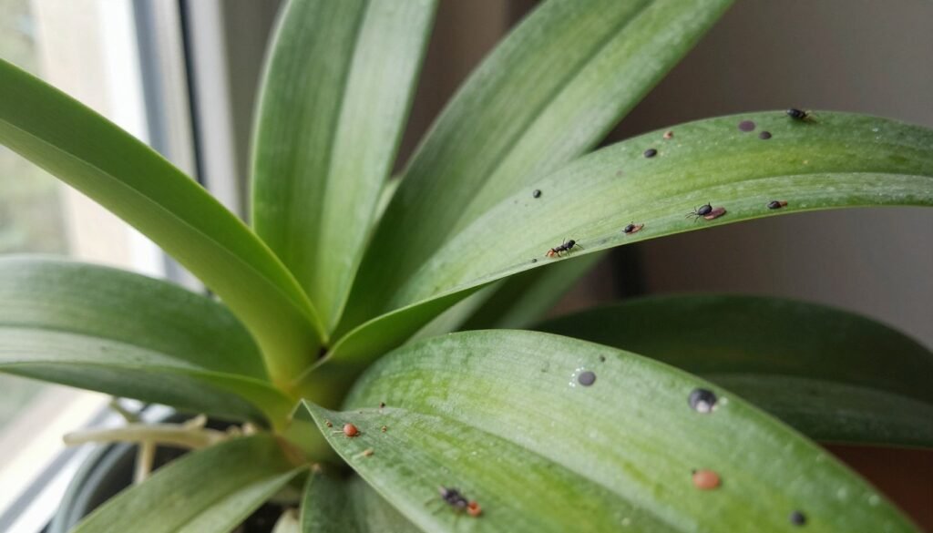 A close-up view of common houseplant pests, specifically aphids and spider mites, invading lush green leaves of orchids and other indoor plants. In the foreground, focus on a leaf with visible pests, showcasing their distinctive shapes and colors. The middle ground features more plants with different types of damage, illustrating various pest effects. The background is softly blurred to emphasize the leaves and pests, creating a sense of depth. Natural lighting filters through a nearby window, casting gentle shadows and highlighting the textures of the leaves. The mood is educational and slightly concerning, encouraging viewers to identify and treat these pests effectively. The scene avoids any clutter, remaining clean and focused on the pests and plants.