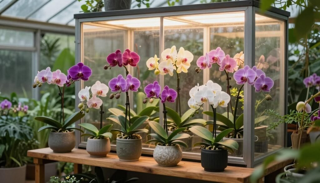 A cozy domestic orchid greenhouse, showcasing a variety of lush orchids in full bloom. In the foreground, a well-maintained wooden shelf holds several vibrant orchids in decorative pots, displaying a rainbow of colors including purples, pinks, and whites. The middle ground features a glass-paneled structure with controlled humidity, allowing soft, natural light to filter through, illuminating the plants. The background is a serene garden view with hints of greenery, complementing the rich colors of the orchids. The atmosphere is tranquil and nurturing, evoking a sense of care and dedication to orchid cultivation. The lighting is warm and inviting, reflecting the ideal conditions for plant growth. The scene captures the essence of a personal greenhouse designed for orchid enthusiasts.
