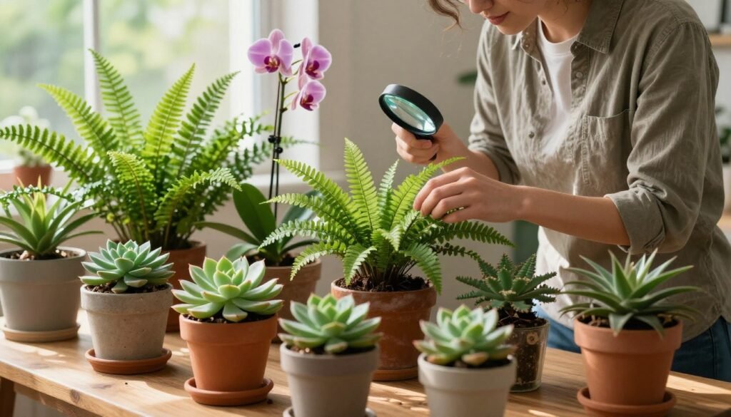 A lush indoor garden scene focused on preventing pests in houseplants. In the foreground, a variety of thriving potted plants such as ferns, succulents, and orchids are arranged on a wooden table, showing healthy foliage. In the middle ground, a gardener in modest casual clothing is gently inspecting the leaves of a plant with a magnifying glass, emphasizing a proactive approach to pest control. The background features a bright window with natural sunlight streaming in, casting soft shadows and adding warmth to the atmosphere. The image conveys a sense of care and diligence, inviting viewers to consider the importance of pest prevention in their own home gardens. The lighting is soft and inviting, enhancing the natural colors of the plants.