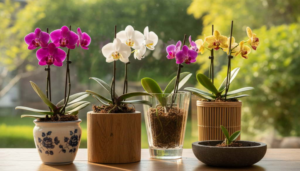 A serene tabletop arrangement showcasing a variety of orchid pots, emphasizing different styles and materials. In the foreground, a bright ceramic pot with intricate designs holds a vibrant purple orchid, its petals glistening under soft, natural light. Nearby, a rustic wooden pot with a pale orchid complements the scene. In the middle ground, an elegant glass cachepot reflects the delicate shapes of surrounding orchids, each planted in unique, textured mediums. The background features lush green leaves softly blurred, creating an inviting and tranquil atmosphere. Golden hour lighting casts warm tones across the scene, enhancing the richness of the colors and drawing attention to the diversity of orchid pots. The composition is artfully arranged to highlight the importance of choosing the right pot for each type of orchid.