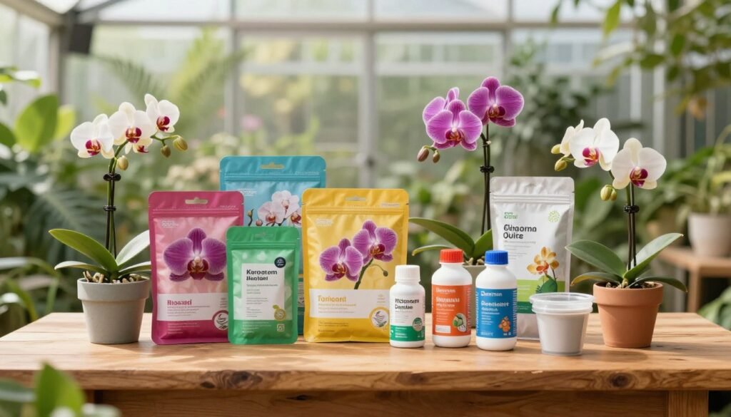 An elegant arrangement of orchid cultivation kits displayed artfully on a wooden table. In the foreground, various ready-to-use orchid kits are showcased beautifully, featuring vibrant packaging with images of blooming orchids. Next to them, a combination of individual products like potting mix, fertilizers, and pots, artfully presented for a DIY approach, creates a sense of comparison. The background features a soft, blurred greenhouse setting with natural light streaming through glass panels, enhancing the lively green foliage. The atmosphere is serene and inviting, evoking a passion for gardening. Use a shallow depth of field to focus sharply on the kits in the foreground, showcasing their details, while the backdrop softly fades to bring attention to the products. Bright, warm lighting adds a pleasant glow to the scene.