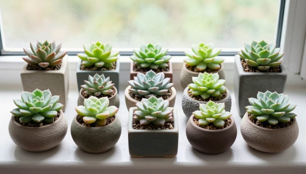 Arranjo de suculentas variadas em vasos pequenos, plantas ornamentais para ambientes internos