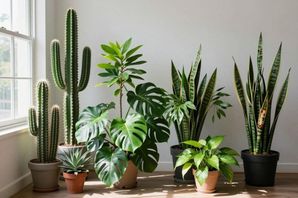Diferentes plantas posicionadas de acordo com suas necessidades de iluminação