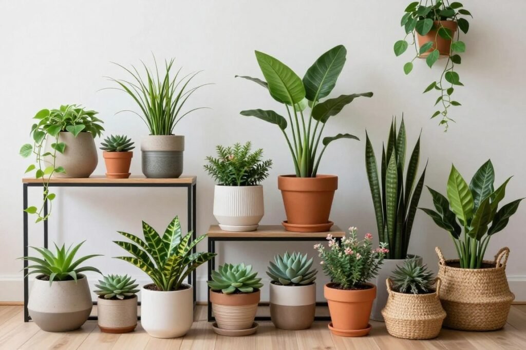 Diferentes tipos de plantas em diversos vasos decorativos, mostrando a versatilidade na decoração