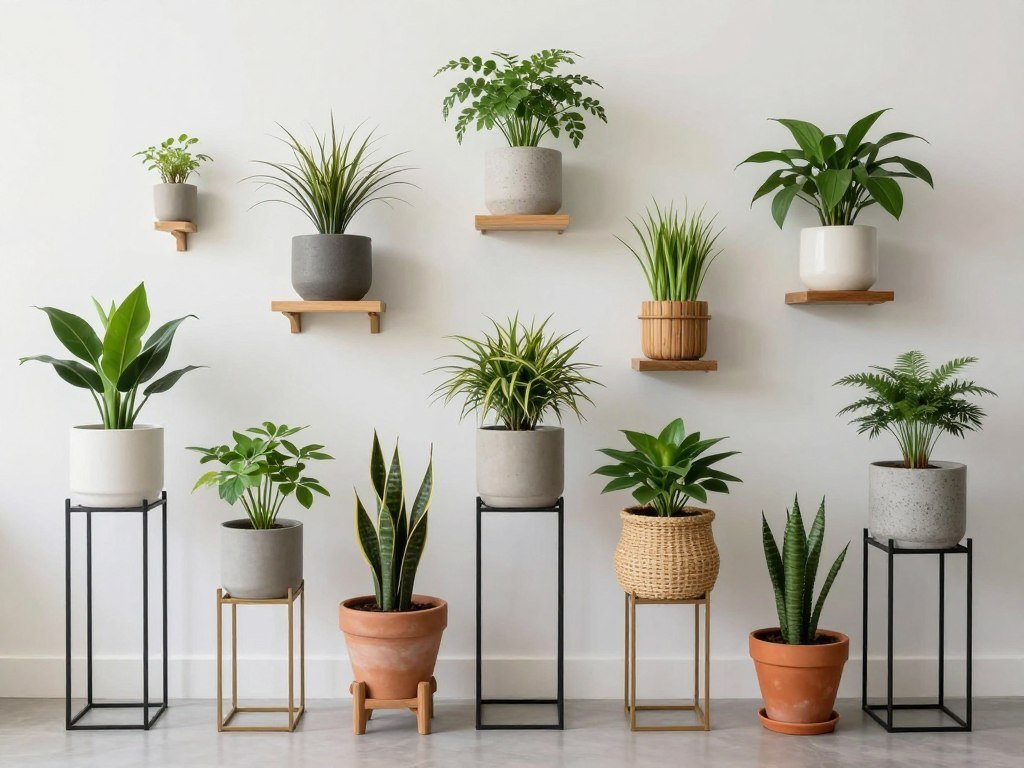 Diferentes tipos de suportes e cachepôs para plantas, mostrando como valorizam a decoração