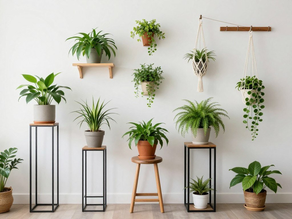 Diferentes tipos de suportes para plantas: de chão, parede e suspensos