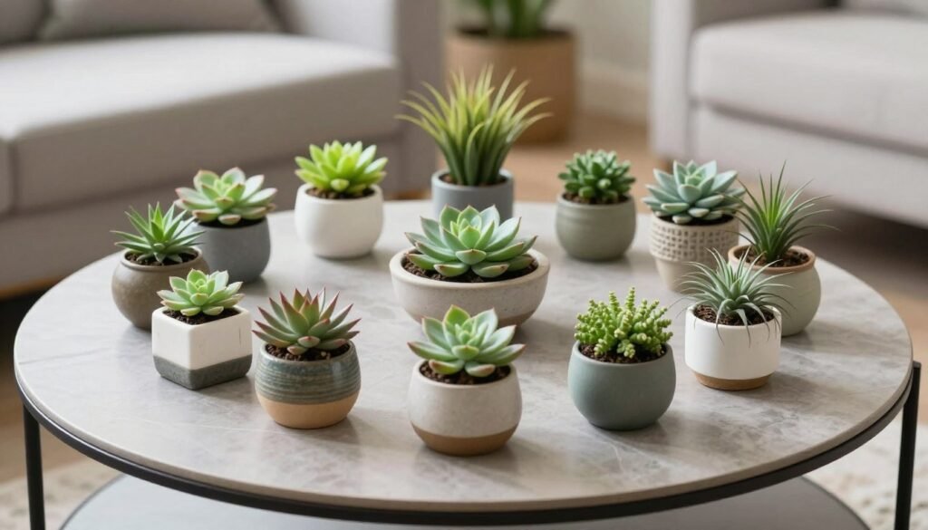 Mesa de centro com arranjo de plantas pequenas em vasos decorativos