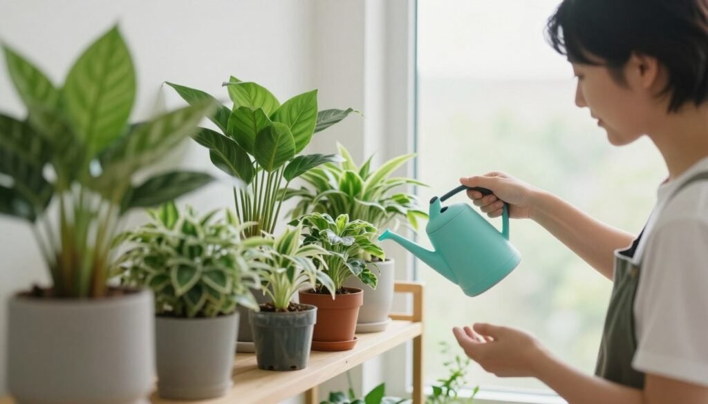 Pessoa cuidando de plantas ornamentais para ambientes internos em um apartamento bem iluminado