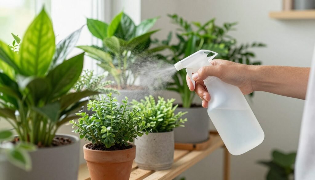 Pessoa regando plantas ornamentais para ambientes internos com borrifador