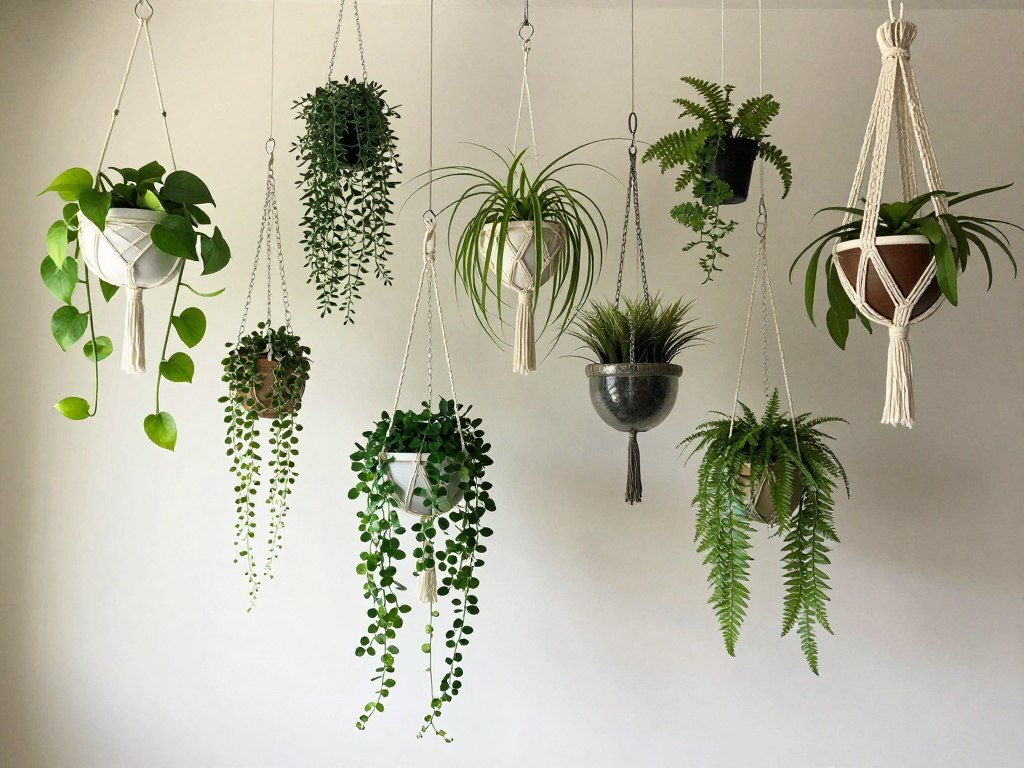 Plantas pendentes em diferentes alturas criando uma composição vertical interessante