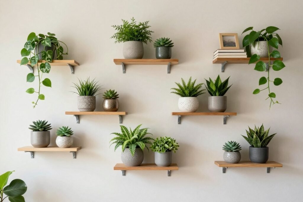 Prateleiras com diferentes plantas e vasos decorativos criando uma composição harmoniosa