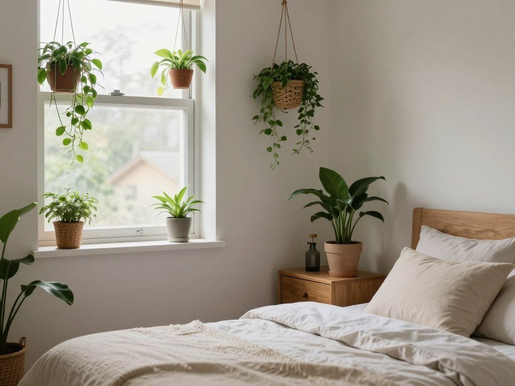 Quarto decorado com plantas pendentes e vasos sobre a mesa de cabeceira, criando um ambiente aconchegante