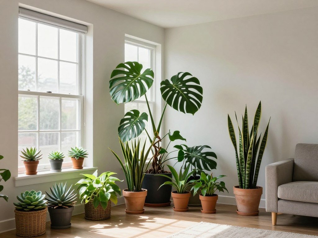 Sala com diferentes níveis de iluminação e plantas adequadas para cada área