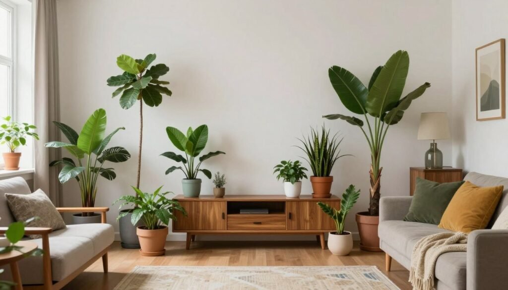 Sala de estar com decoração integrada harmoniosamente com diferentes tipos de plantas