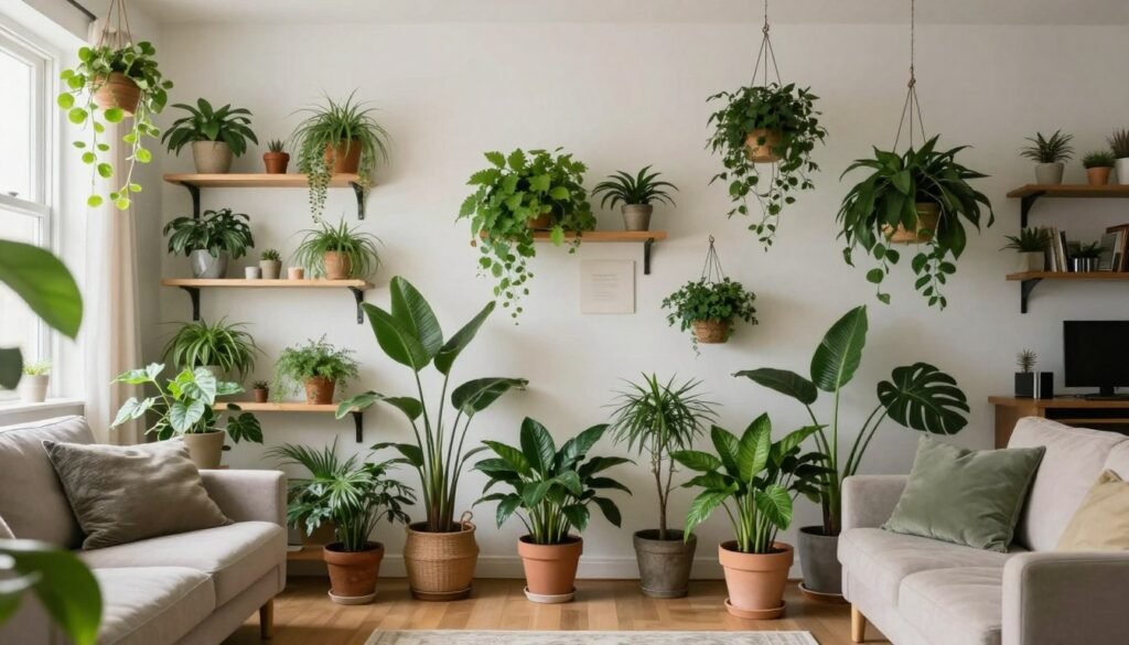 Sala de estar decorada com diversas plantas ornamentais para ambientes internos