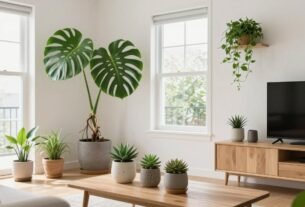 Sala de estar decorada com plantas em vasos de diferentes tamanhos, criando um ambiente aconchegante
