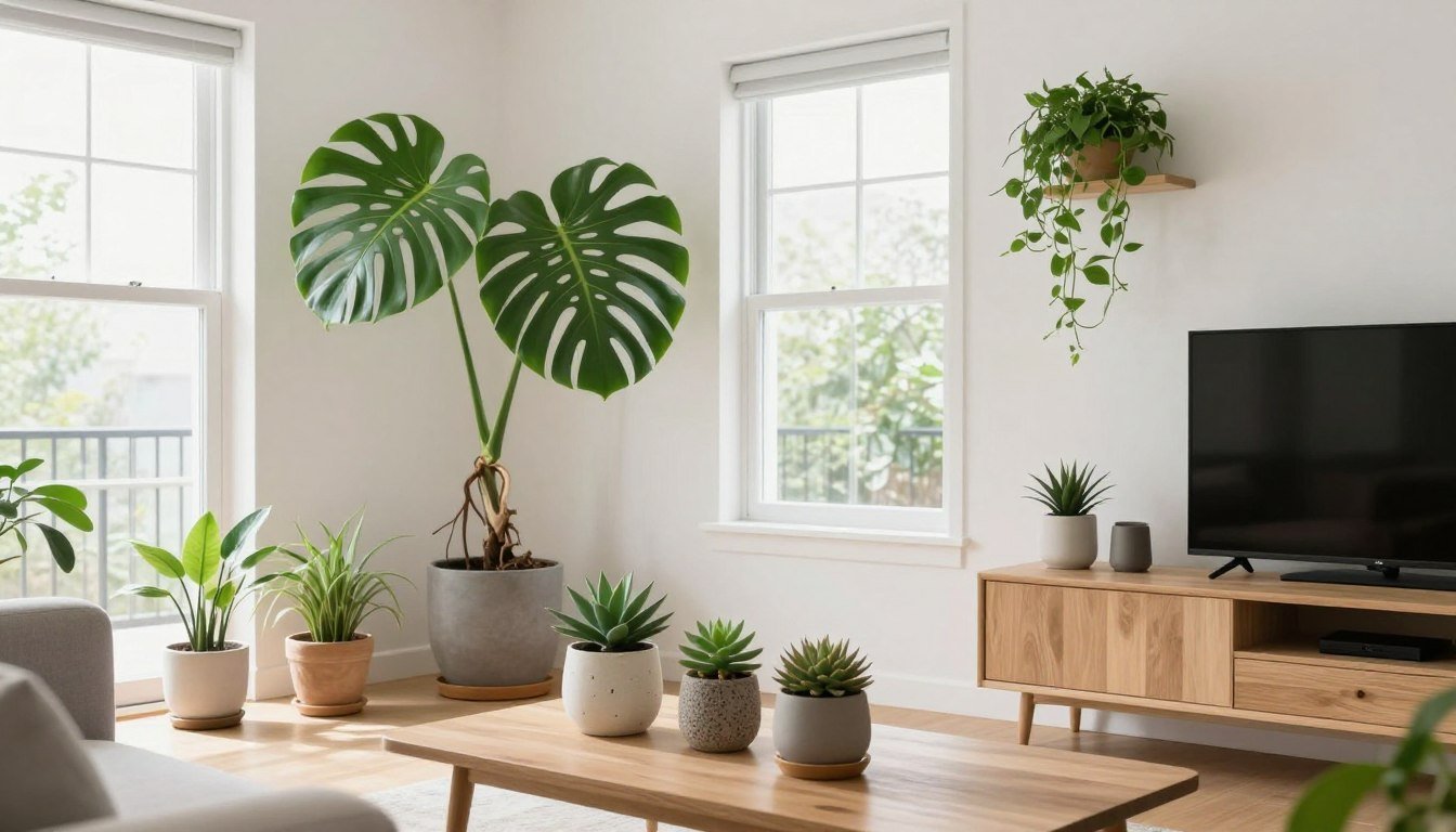 Sala de estar decorada com plantas em vasos de diferentes tamanhos, criando um ambiente aconchegante