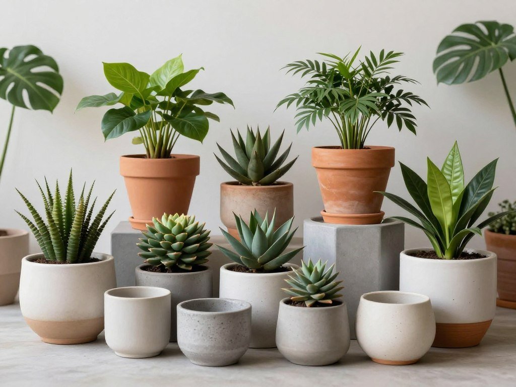 Variedade de vasos decorativos com plantas ornamentais para ambientes internos