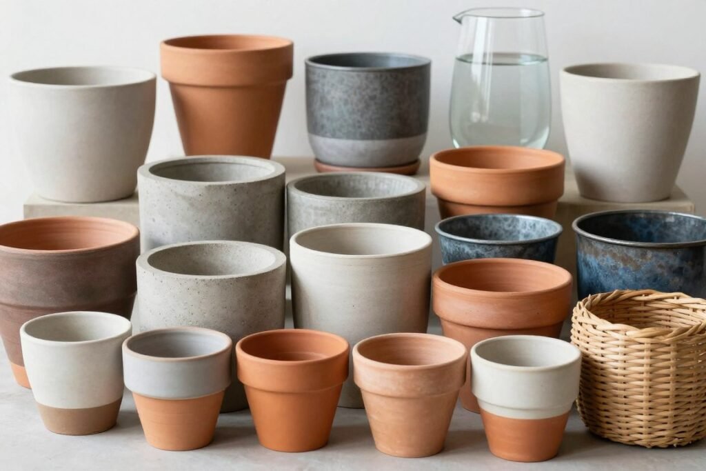 Variedade de vasos decorativos em diferentes materiais, formatos e cores