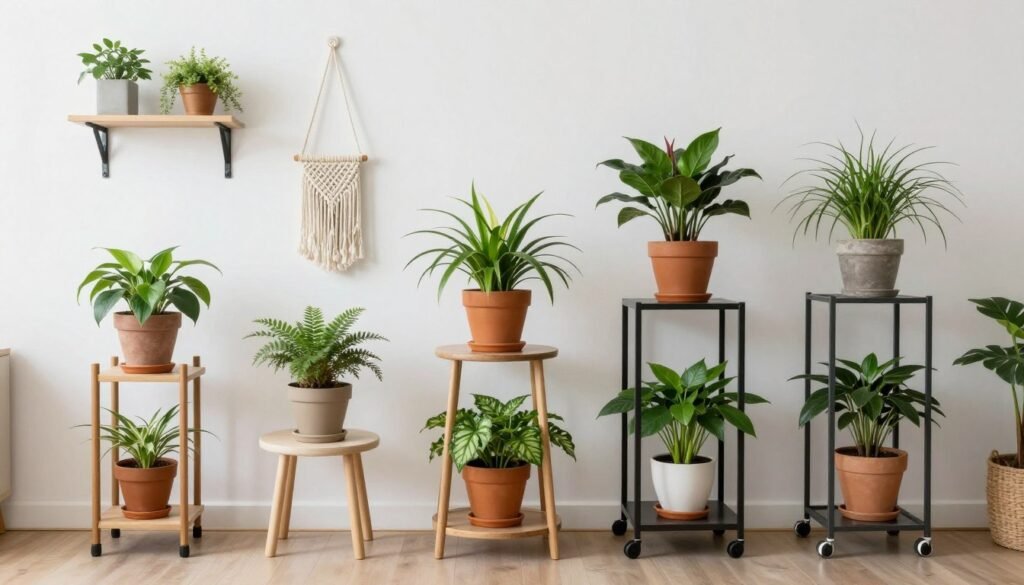 diferentes tipos de suportes para vasos de plantas em apartamento