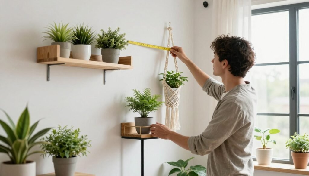 pessoa escolhendo suportes para vasos de plantas em apartamento