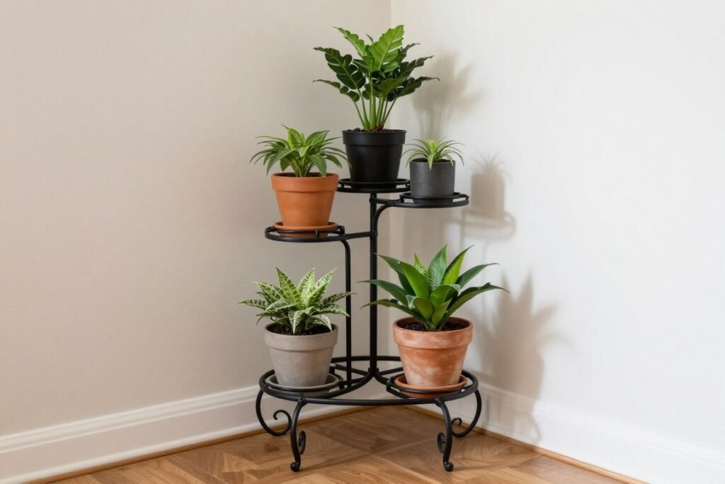 suporte de ferro para canto com vasos de plantas em apartamento