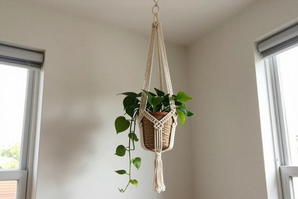 suporte suspenso de macramê para vasos de plantas em apartamento
