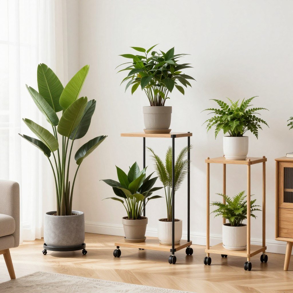 suportes móveis com rodízios para vasos de plantas em apartamento