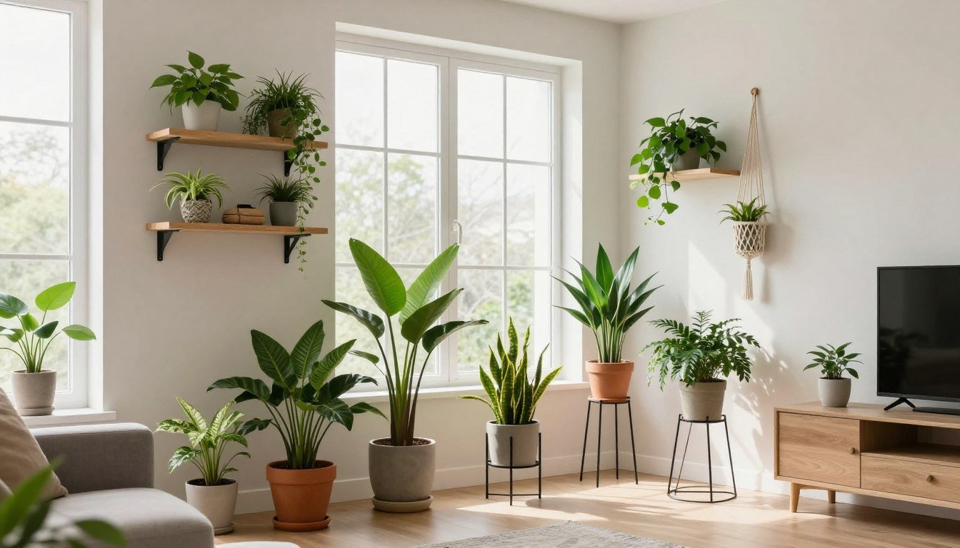 suportes para vasos de plantas em apartamento com diferentes modelos decorando uma sala