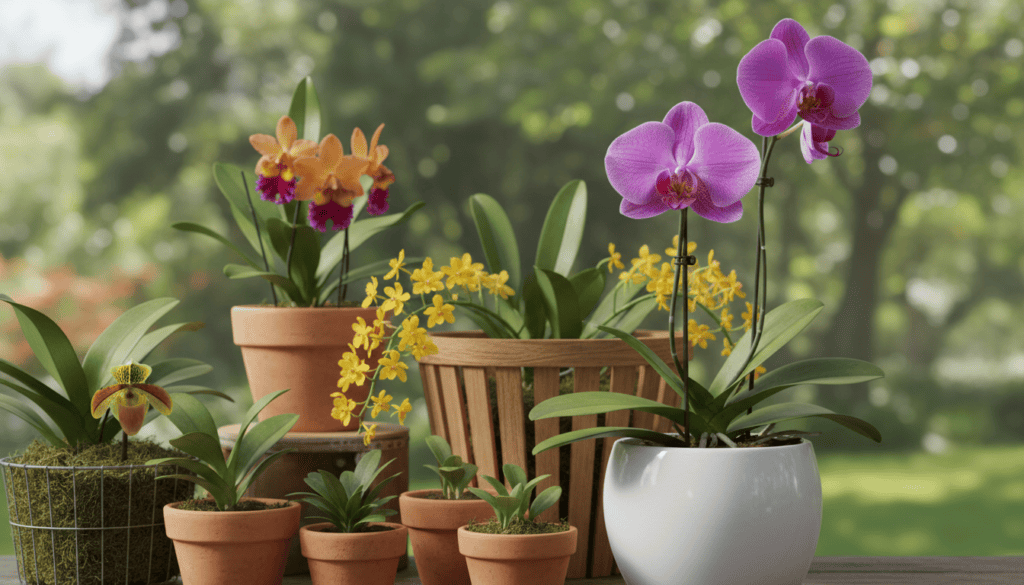 Orquídeas cultivadas em vasos em ambiente doméstico