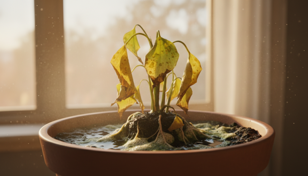 planta murcha excesso de água