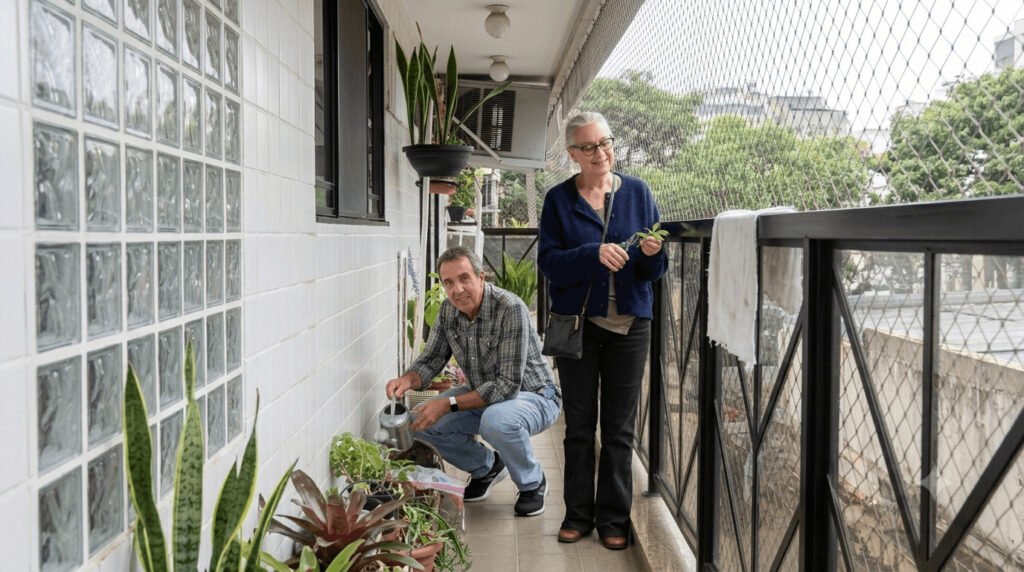 Equipe Orquídeas e Plantas cuidando das plantas na varanda do apartamento no Rio de Janeiro